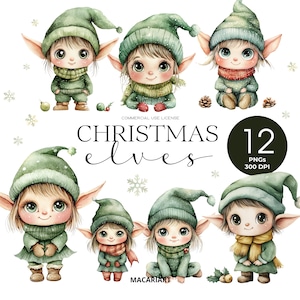Clipart di elfi di Natale carini Acquerello Babbo Natale Elfo Png Clipart di Natale carini Elfo delle feste Arte Grafica di elfi festosi Inverno Png Download digitale