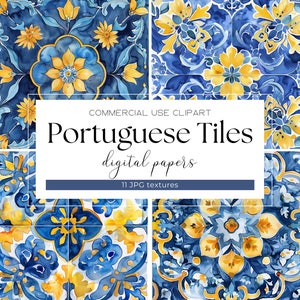 Mittelmeerfliese Aquarell portugiesische Azulejo Keramikfliesen Blau Weiß Gelb Italienische Fliesenmuster Digitales Papier Jpeg Italienische Hochzeit