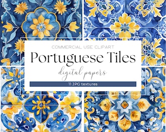 Mittelmeerfliese Aquarell portugiesische Azulejo Keramikfliesen Blau Weiß Gelb Italienische Fliesenmuster Digitales Papier Jpeg Italienische Hochzeit