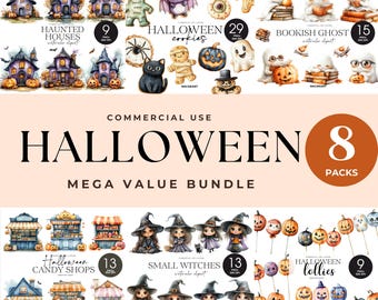 Halloween Clipart Bundle Watercolor Witch Black Cat Ghost Pumpkin Potion Haunted House Halloween Cookie Candy Shop PNG Commercial Use