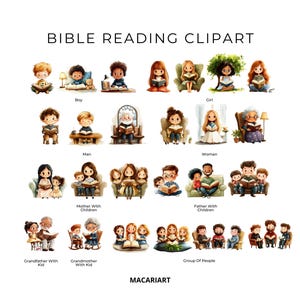 K&ouml;nnte beinhalten: Aquarell-Clipart mit verschiedenen Illustrationen von Menschen, die B&uuml;cher lesen, darunter Kinder, Erwachsene und Familien. Der Text "BIBLE READING CLIPART" wird oben angezeigt, mit Beschriftungen wie "Boy", "Girl" und "Woman".