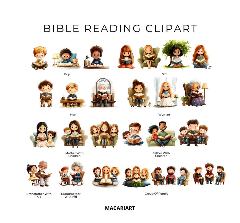K&ouml;nnte beinhalten: Aquarell-Clipart mit verschiedenen Illustrationen von Menschen, die B&uuml;cher lesen, darunter Kinder, Erwachsene und Familien. Der Text "BIBLE READING CLIPART" wird oben angezeigt, mit Beschriftungen wie "Boy", "Girl" und "Woman".