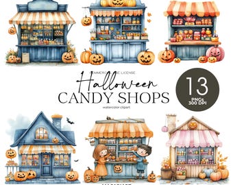 Clipart magasin de bonbons d'Halloween Magasin de bonbons magiques Png Décoration de fête d'Halloween effrayante Des bonbons ou un sort Magasin d'Halloween Png usage commercial citrouille