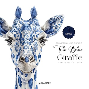 Aquarelle toile bleu girafe Clipart Chinoiserie Toile de Jouy animaux de la jungle Safari toile bleu Clipart baby shower girafe bleue PNG