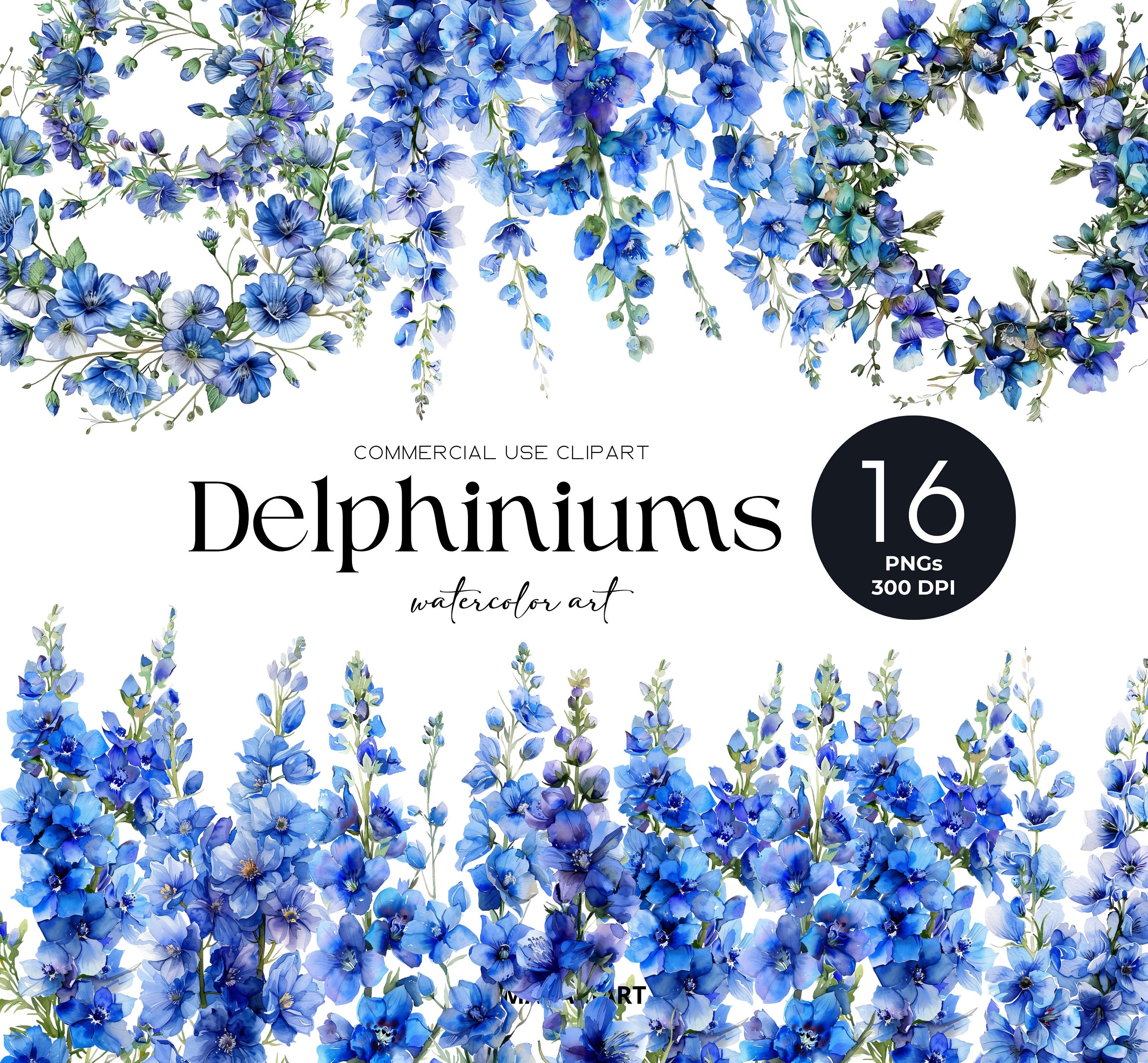 Watercolor Delphinium Clipart Blue Floral Bouquet Wildflower Clip Art ...
