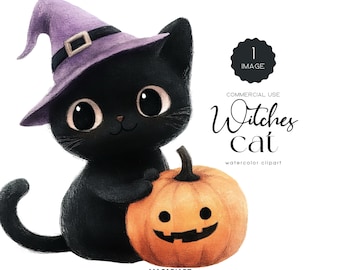かわいいハロウィン黒猫クリップアートバンドル 水彩魔女猫PNG 面白い