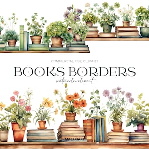 Watercolor Book Border Clipart Floral Bookshelf Png Book Graphics Reading Invite Illustration Digital Planner Digital Scrapbooking Paper