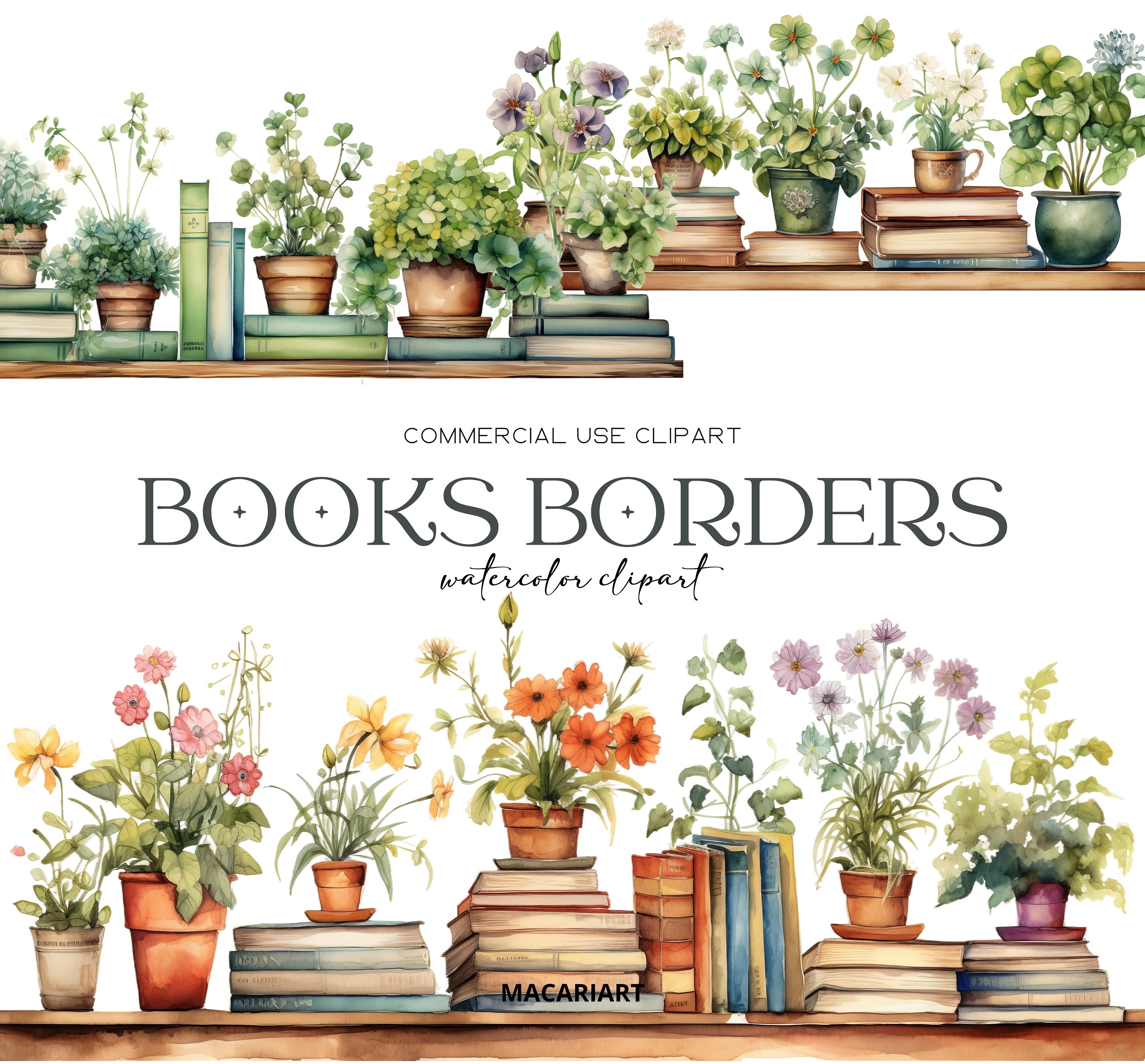 Watercolor Book Border Clipart Floral Bookshelf Png Book Graphics ...