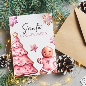 May include: A white card with the text "Santa Cookie Party" in pink lettering. The card is decorated with pink and white gingerbread cookies, including a gingerbread man and a gingerbread Christmas tree.