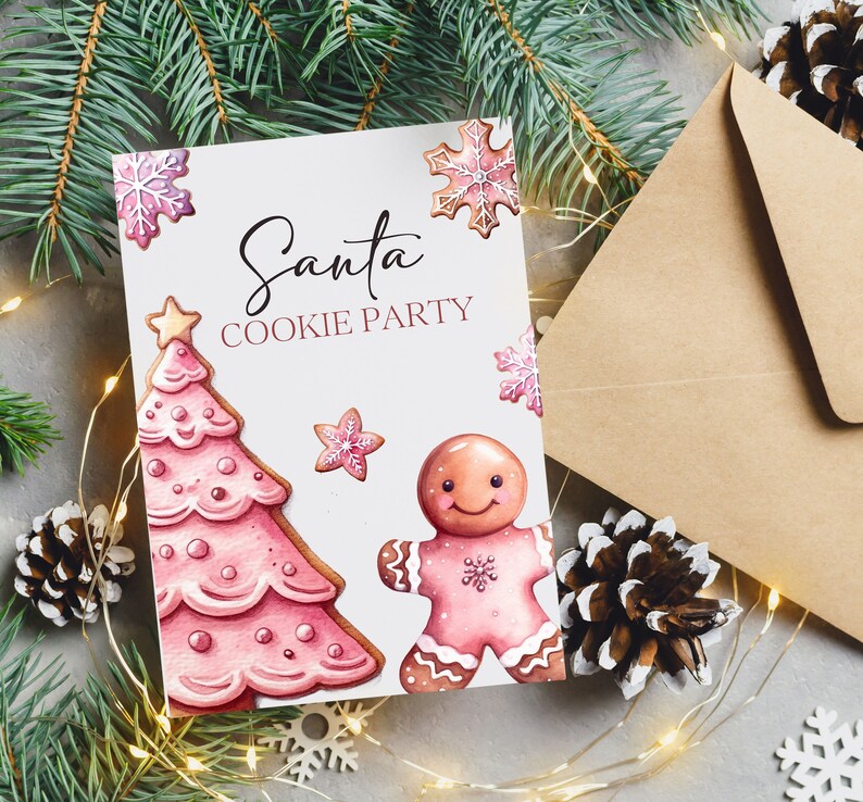May include: A white card with the text "Santa Cookie Party" in pink lettering. The card is decorated with pink and white gingerbread cookies, including a gingerbread man and a gingerbread Christmas tree.