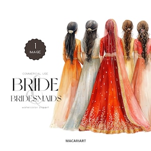 Mariée indienne avec demoiselles d'honneur Clipart, robe Lehenga, aquarelle musulman Nikah mariage célébration des cliparts, mariage indien, mariée indienne Png