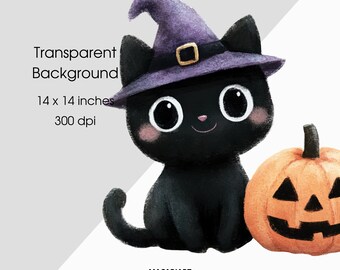 かわいいハロウィン黒猫クリップアートバンドル 水彩魔女猫PNG