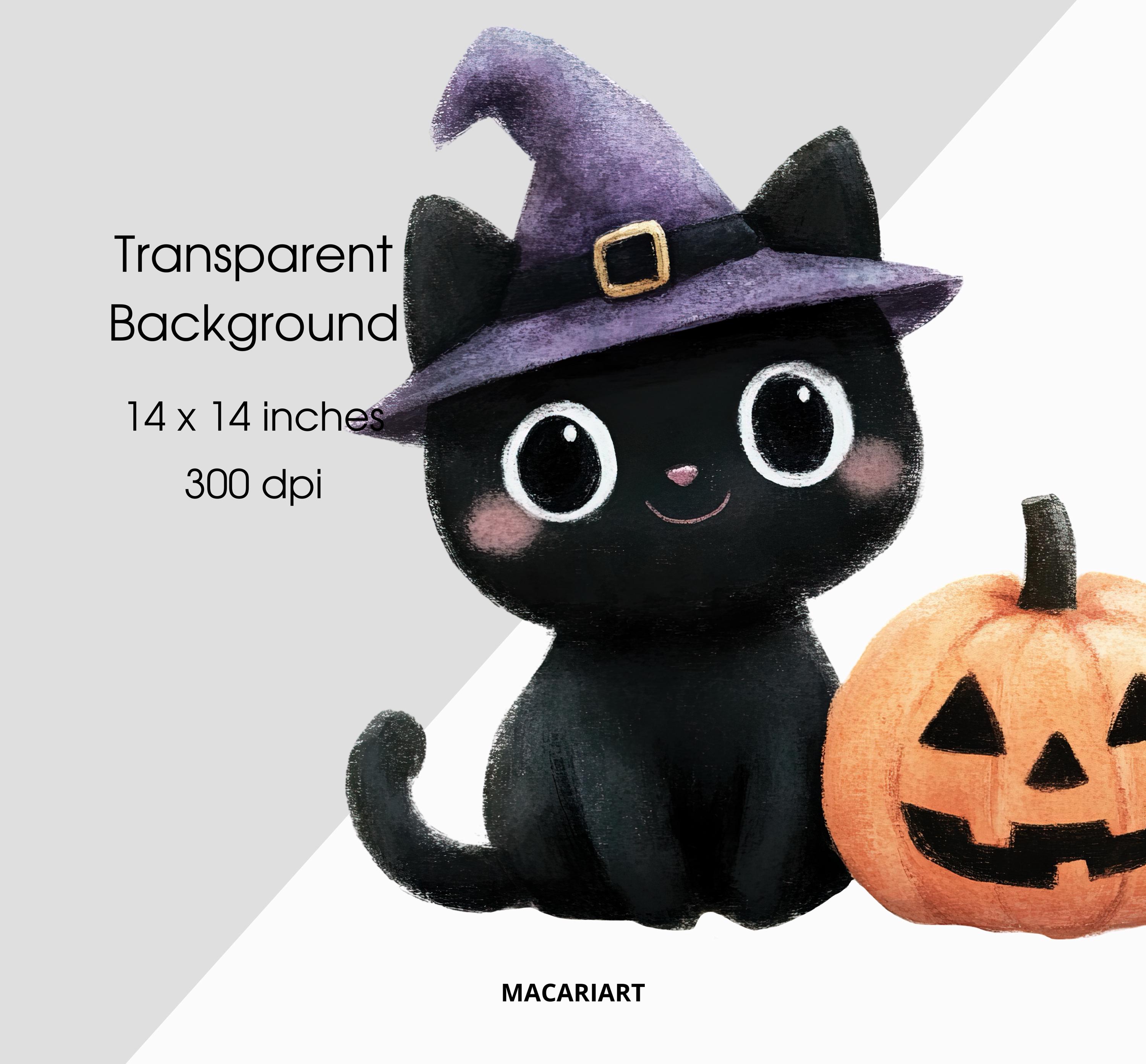 かわいいハロウィン黒猫クリップアートバンドル 水彩魔女猫PNG