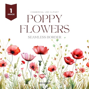 Bordure de coquelicots clipart bordure aquarelle florale fleurs rouges bordure transparente fleurs sauvages Clipart mariage pavot bordures florales numériques
