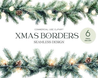 May include: A seamless design of six watercolor Christmas borders featuring pine branches with white lights and pine cones.  The borders are perfect for adding a festive touch to your holiday projects.