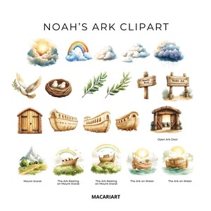 K&ouml;nnte beinhalten: Ein Satz Aquarell-Illustrationen, die Noahs Arche darstellen, darunter die Arche, die auf dem Berg Ararat ruht, die Arche auf dem Wasser, eine Taube, ein Regenbogen, Wolken und ein Schild mit der Aufschrift "Noahs Arche".