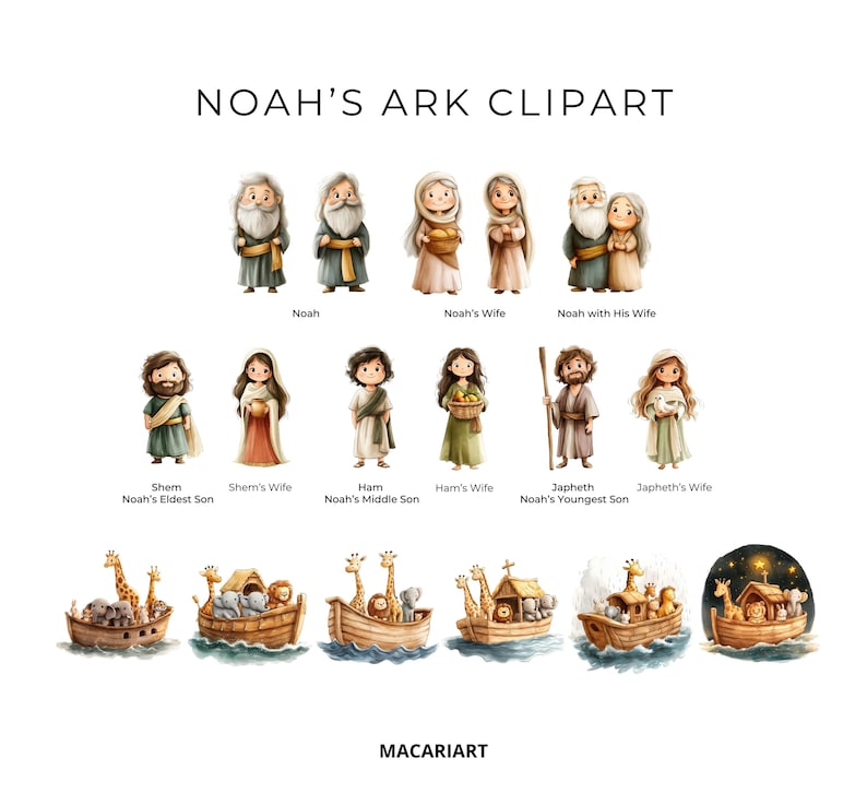 K&ouml;nnte beinhalten: Ein Satz digitaler Clipart-Illustrationen, die die Figuren der Arche Noah aus der biblischen Geschichte darstellen. Die Illustrationen zeigen Noah, seine Frau, ihre drei S&ouml;hne und deren Frauen. Die Figuren sind in einem Cartoon-Stil mit leuchtenden Farben und einfachen Details dargestellt. Die Illustrationen eignen sich perfekt f&uuml;r den Einsatz in Kinderb&uuml;chern, Lehrmaterialien oder Bastelarbeiten.
