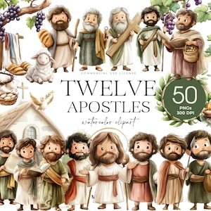 Clipart 12 apôtres, Jésus et 12 disciples, personnages de la Bible, nouveau Testament, histoire biblique, clipart religieux, Jésus, Pierre, Jean, Jacques