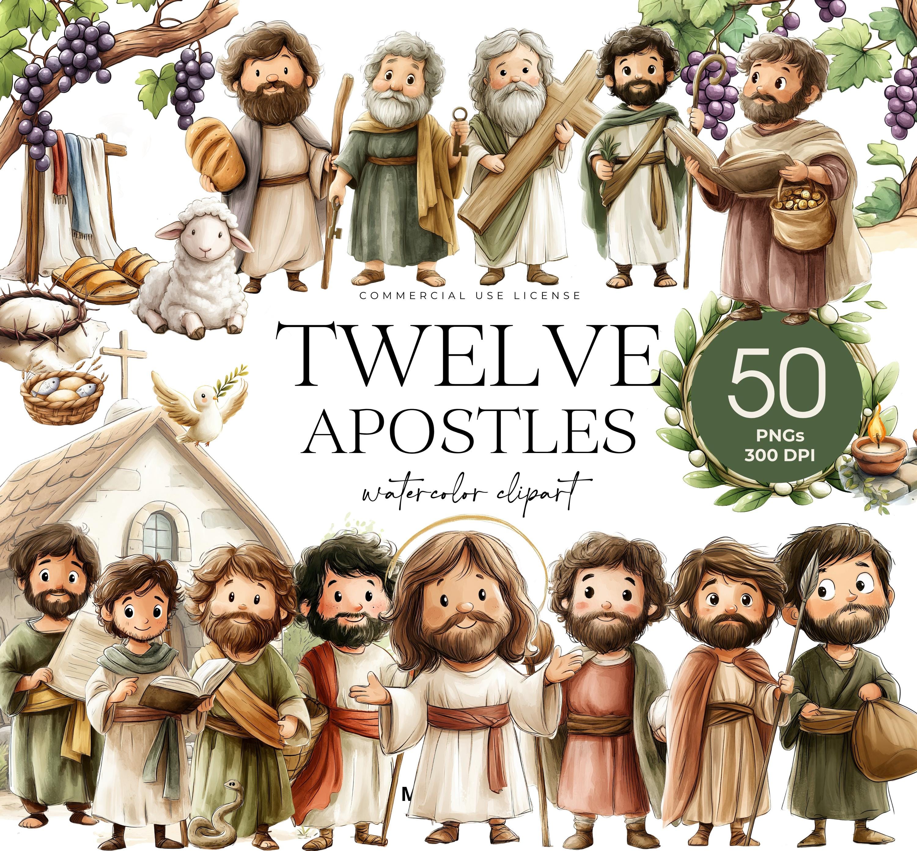 12 Apostles Clipart, Jesus and 12 Disciples, Bible Characters, New Testament, Bible Story, Religious Clipart,  Jesus, Peter, John, James
