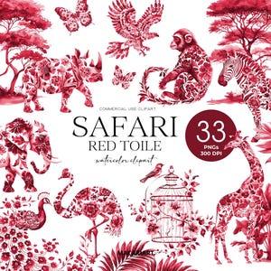 Rode safari toile clipart aquarel chinoiserie jungle dieren baby shower toile de jouy clip art leeuw giraf olifant pauw jaguar adelaar
