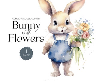 Watercolor Bunny with Flowers Clipart Pack Nursery Spring Clipart Easter Bunny Easter Clipart Transparent Pngs Floral Clipart Commercial Use