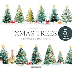 May include: Five watercolor illustrations of Christmas trees with gold stars on top, red and gold ornaments, and snow on the ground. The trees are arranged in a border pattern. The text "XMAS TREES SEAMLESS BORDERS" is below the trees. The text "5 PNGs 300 DPI" is in a circle to the right of the trees.