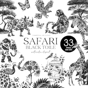Zwarte safari toile clipart aquarel chinoiserie jungle dieren baby shower toile de jouy clip art commercieel gebruik png digitale download
