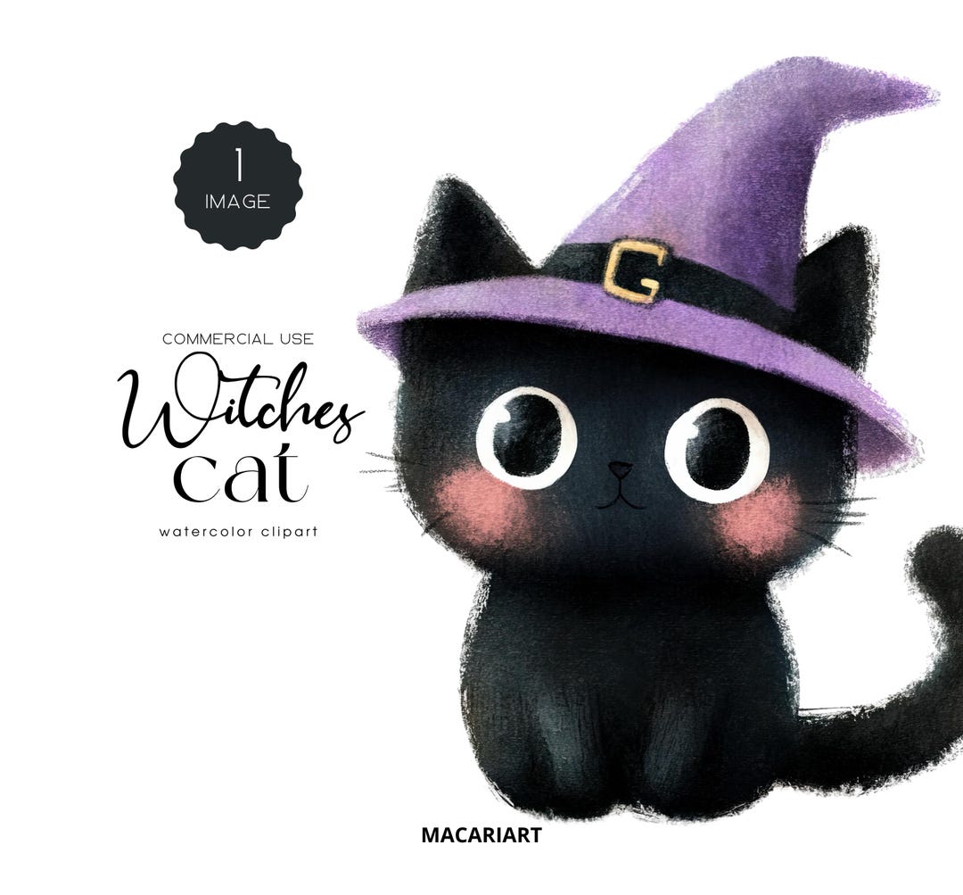 Cute Halloween Black Cat Clipart Bundle Watercolor Witch Cat Png Funny ...