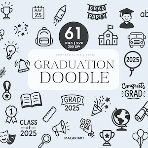 Clipart Doodle de remise des diplômes, SVG de remise des diplômes, casquette de remise des diplômes, diplôme Doodle PNG, diplômé de l'école, félicitations diplômé PNG, promotion 2025, robe, chapeau