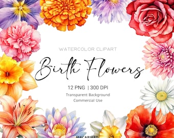 Watercolor Birth Month Flowers Clipart Bundle Digital Watercolor Birth Flower Clipart Watercolor Floral Clipart Flower Png Commercial Use