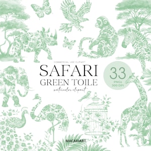 Verde Safari Toile Clipart Acquerello Cineserie Animali della giungla Baby Shower Toile De Jouy Clip Art Uso commerciale Png Download digitale