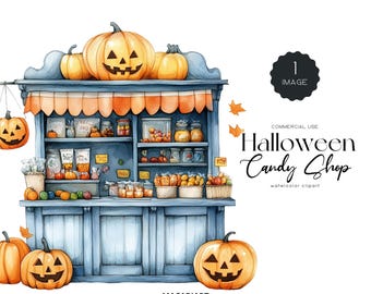 Clipart magasin de bonbons d'Halloween Magasin de bonbons magiques Png Décoration de fête d'Halloween effrayante Des bonbons ou un sort Magasin d'Halloween Png usage commercial citrouille