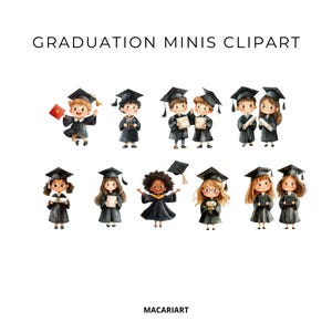 May include: A set of 10 watercolor illustrations of children in graduation caps and gowns. The children are all smiling and holding diplomas or scrolls. The illustrations are perfect for creating cards, invitations, or other projects.