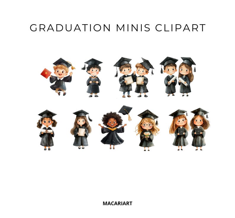 May include: A set of 10 watercolor illustrations of children in graduation caps and gowns. The children are all smiling and holding diplomas or scrolls. The illustrations are perfect for creating cards, invitations, or other projects.