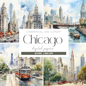Acuarela Chicago Clipart Chicago Skyline USA Clipart Chicago Png Illinois Clipart Chicago City Digital Descargar Scrapbook Junk Journal