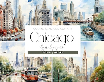 Watercolor Chicago Clipart Chicago Skyline USA Clipart Chicago Png Illinois Clipart Chicago City Digital Download Scrapbook Junk Journal