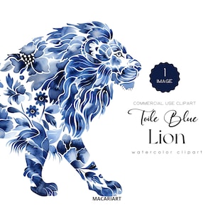Toile blauwe leeuw clipart aquarel chinoiserie toile de jouy jungle dieren safari toile blauwe clipart babyshower blauwe leeuw digitaal PNG-bestand