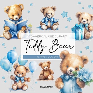 Teddy Bear Clipart Watercolor Bear Baby Shower Decor Watercolor Wall Art Printable Instant Download Clipart Bundle Animal Clipart Bear Png