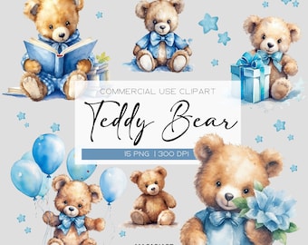 Teddy Bear Clipart Watercolor Bear Baby Shower Decor Watercolor Wall Art Printable Instant Download Clipart Bundle Animal Clipart Bear Png