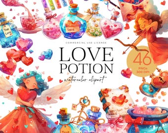 Love Potion Clipart, Magical Potion Illustrations, Valentine's Day Clipart, Potion PNG, Cupid, Heart, Cauldron, Magic Wand, Rose, Spell Book