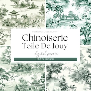 Chiński Zielony Kwiatowy Toile De Jouy Cyfrowy Papier Chińska Tapeta Azjatycki Wzór Chinoiserie Życie Cyfrowy Papier Scrapbooking Junk Journal