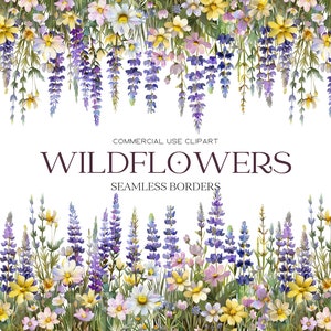 Fleurs sauvages bordures Clipart bordure aquarelle florale Bordure de fleurs Clipart floral sauvage Clipart mariage bordures florales violet jaune numérique