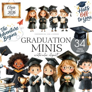 Preschool Graduation Clipart, Cute Kids Graduation PNG, Watercolor Graduation, Diploma Clipart, Graduation Hat, Elementary Graduation image 1