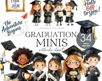 Preschool Graduation Clipart, Cute Kids Graduation PNG, Watercolor Graduation, Diploma Clipart, Graduation Hat, Elementary Graduation