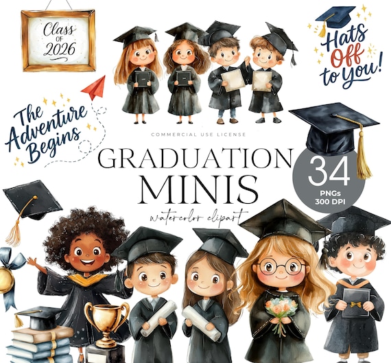 Preschool Graduation Clipart, Cute Kids Graduation PNG, Watercolor Graduation, Diploma Clipart, Graduation Hat, Elementary Graduation