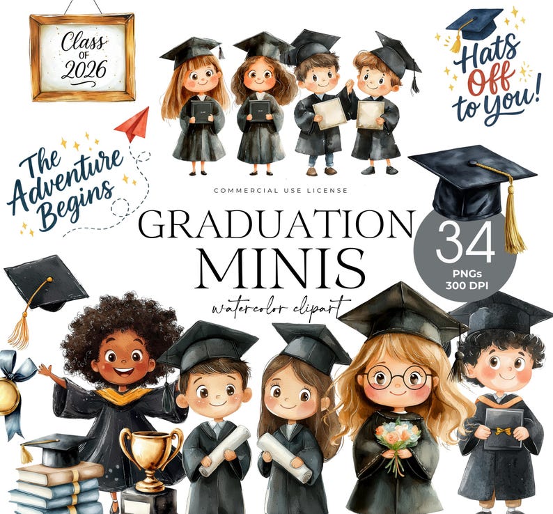 Preschool Graduation Clipart, Cute Kids Graduation PNG, Watercolor Graduation, Diploma Clipart, Graduation Hat, Elementary Graduation image 1