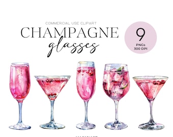May include: Nine watercolour illustrations of pink champagne glasses with different styles and garnishes. The text "CHAMPAGNE glasses" is at the top of the image. The text "9 PNGs 300 DPI" is in a pink circle at the top right of the image.
