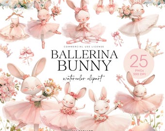 May include: A set of 25 watercolor illustrations of ballerina bunnies. The bunnies are wearing pink tutus and have pink bows in their hair. Some of the bunnies are holding flowers, while others are holding wands. The illustrations are perfect for creating invitations, cards, and other crafts.
