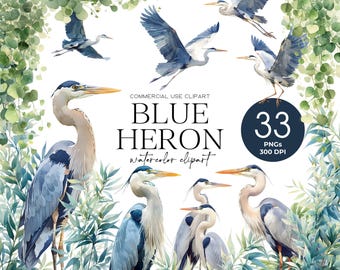Blue Heron Clipart, Watercolor Heron Png, Water Bird Clipart, Wildlife Clipart, Coastal Bird Clipart, Heron Silhouette, Palm Leaf, Waterlily