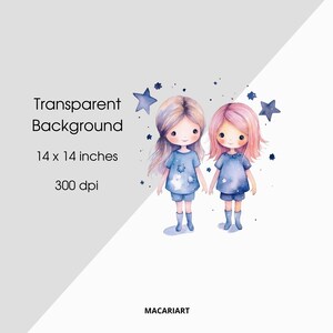 Może przedstawiać: Dwie akwarelowe ilustracje dziewczynek w niebieskich i białych sukienkach w gwiazdki, stojących obok siebie na białym tle z niebieskimi gwiazdkami.